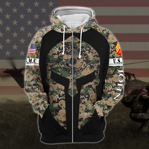custom your name united states marine corps veteran warrior camo all over printed zip hoodie