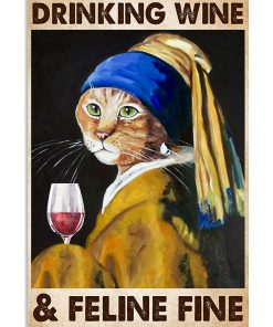 lady cat drinking wine and feline fine vintage poster 2