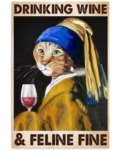 lady cat drinking wine and feline fine vintage poster 2