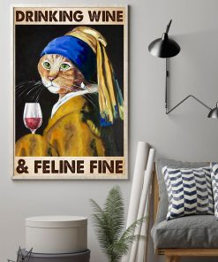 lady cat drinking wine and feline fine vintage poster 3