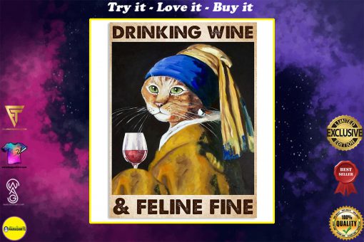 lady cat drinking wine and feline fine vintage poster