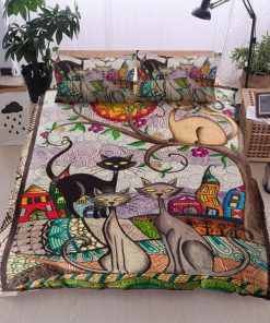 retro cat and flower all over printed bedding set 2