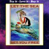 vintage let the sea set you free turtle and cat poster