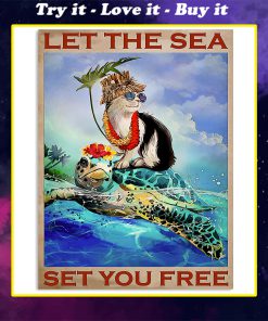 vintage let the sea set you free turtle and cat poster