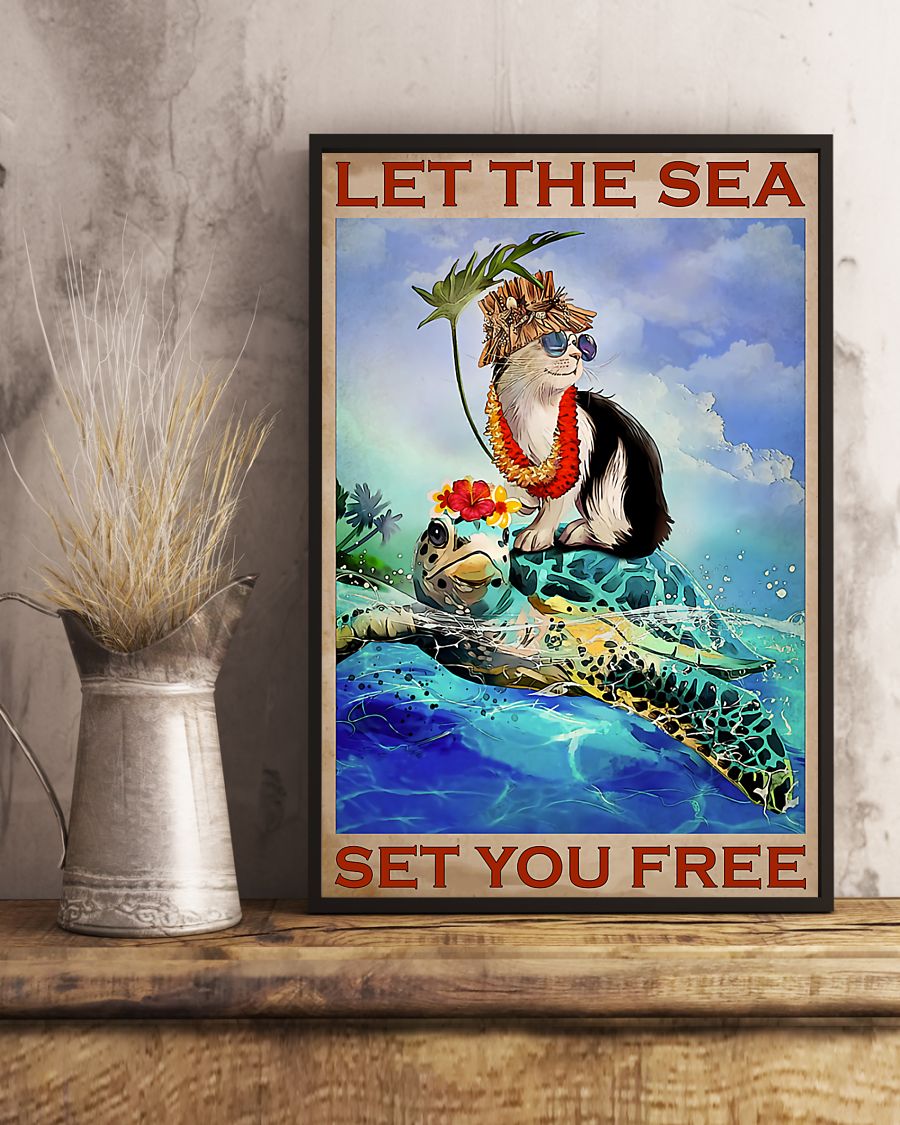 vintage let the sea set you free turtle and cat poster 3