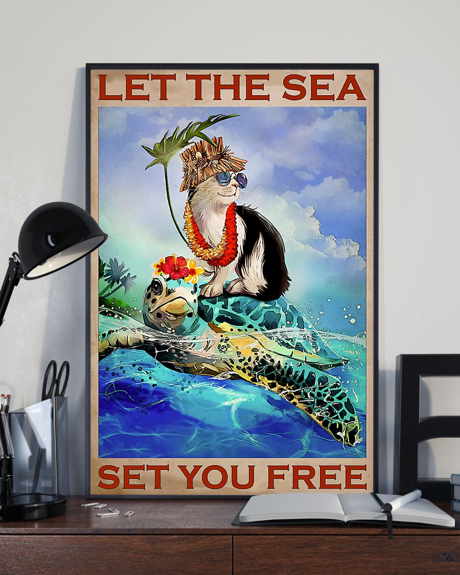 vintage let the sea set you free turtle and cat poster 5