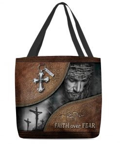 Jesus faith over fear leather pattern all over printed tote bag 2