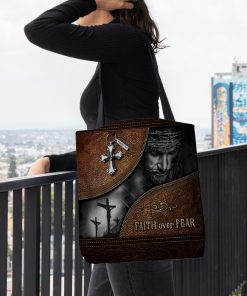 Jesus faith over fear leather pattern all over printed tote bag 4