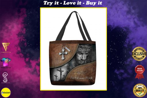 Jesus faith over fear leather pattern all over printed tote bag