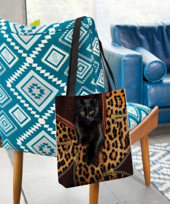 black cat leopard leather pattern all over printed tote bag 2