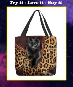black cat leopard leather pattern all over printed tote bag