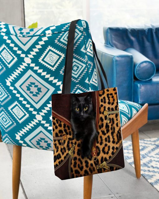 black cat leopard leather pattern all over printed tote bag 3