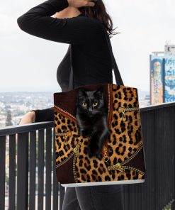 black cat leopard leather pattern all over printed tote bag 4