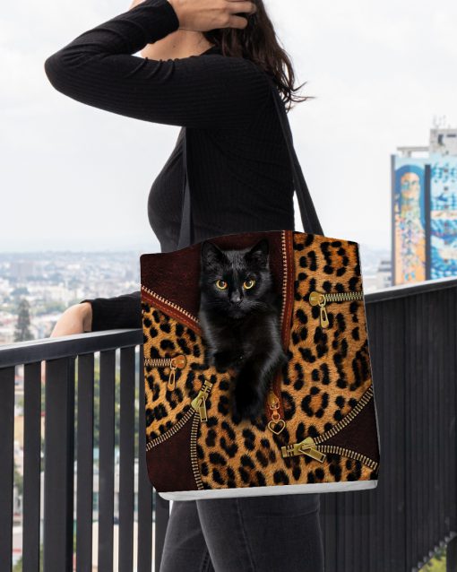 black cat leopard leather pattern all over printed tote bag 4