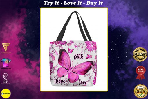 breast cancer awareness butterfly faith hope love all over printed tote bag