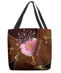 breast cancer awareness flower faith hope love all over printed tote bag 2