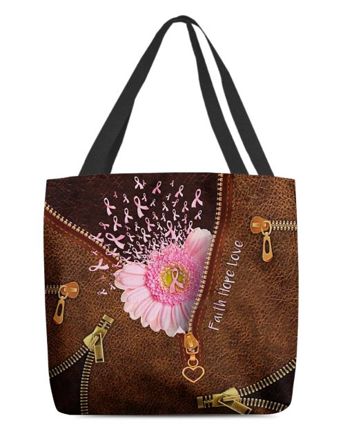 breast cancer awareness flower faith hope love all over printed tote bag 2