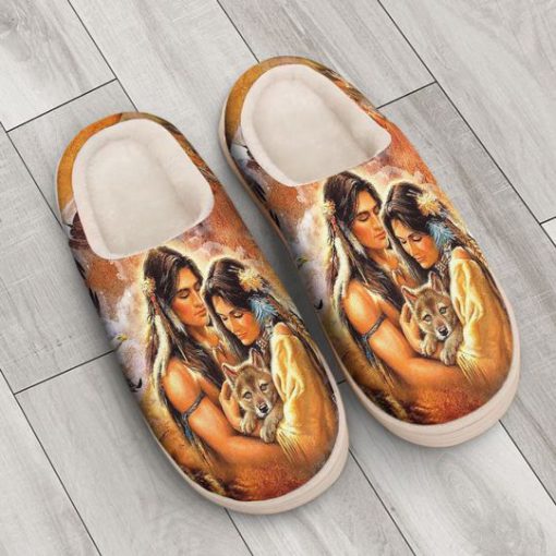 couple love with native american pattern all over printed slippers 2