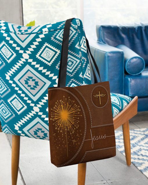 dandelion Jesus leather pattern all over printed tote bag 2
