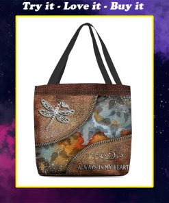 dragonfly always in my heart vintage leather pattern all over printed tote bag