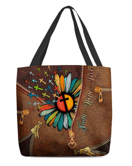 faith hope love Jesus cross flower leather pattern all over printed tote bag 4