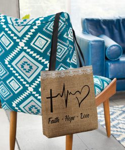 faith hope love heartbeat Jesus leather pattern all over printed tote bag 2