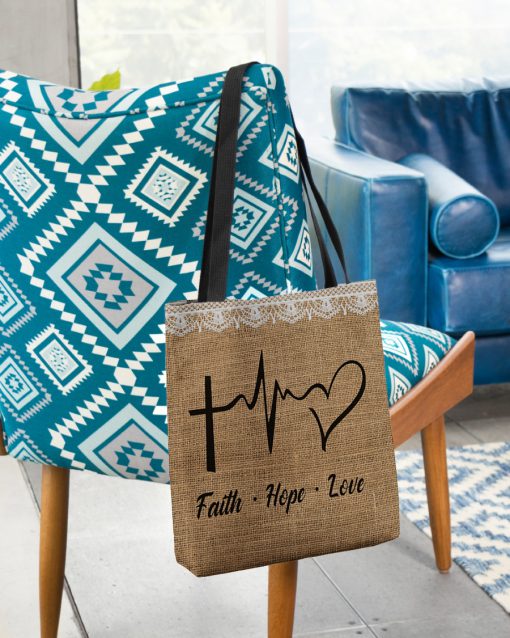 faith hope love heartbeat Jesus leather pattern all over printed tote bag 2