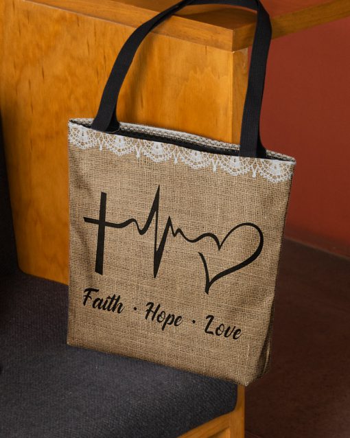 faith hope love heartbeat Jesus leather pattern all over printed tote bag 3