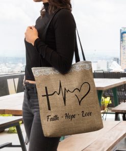 faith hope love heartbeat Jesus leather pattern all over printed tote bag 4
