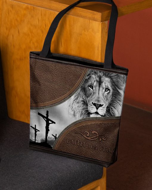 faith over fear lion Jesus leather pattern all over printed tote bag 3