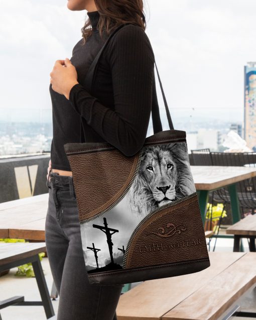 faith over fear lion Jesus leather pattern all over printed tote bag 4