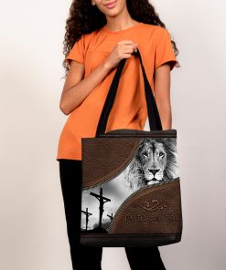 faith over fear lion Jesus leather pattern all over printed tote bag 5