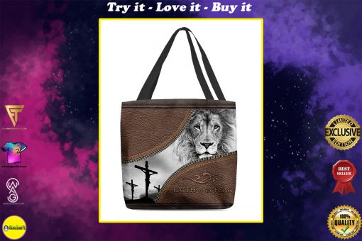 faith over fear lion Jesus leather pattern all over printed tote bag