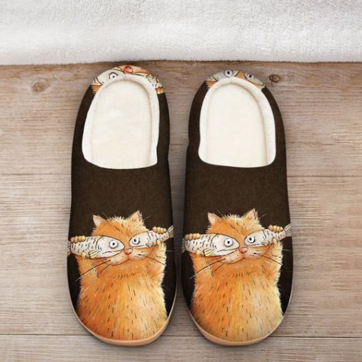 fat cat with fish all over printed slippers 2