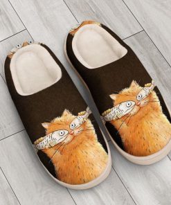 fat cat with fish all over printed slippers 3