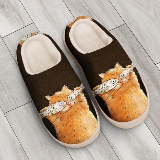 fat cat with fish all over printed slippers 4