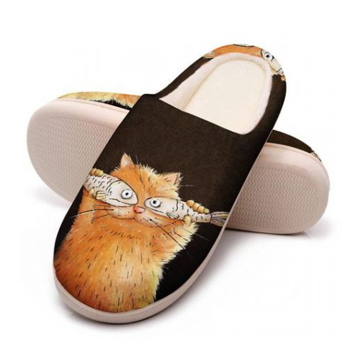 fat cat with fish all over printed slippers 5