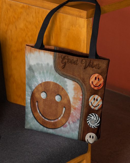 good vibes leather pattern all over print tote bag 2