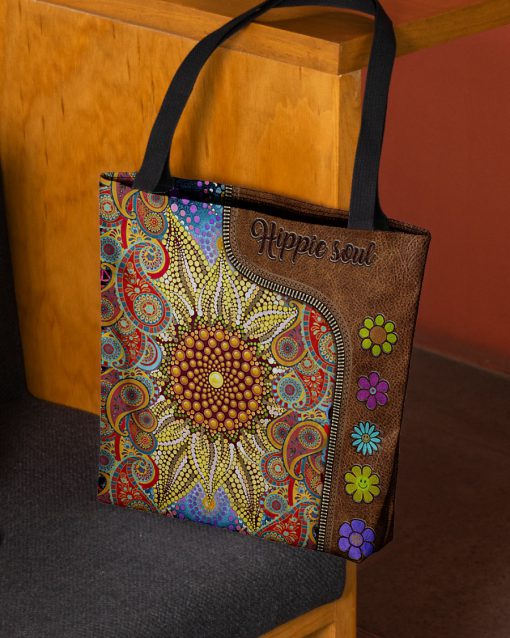 hippie soul flower vintage leather pattern all over print tote bag 2
