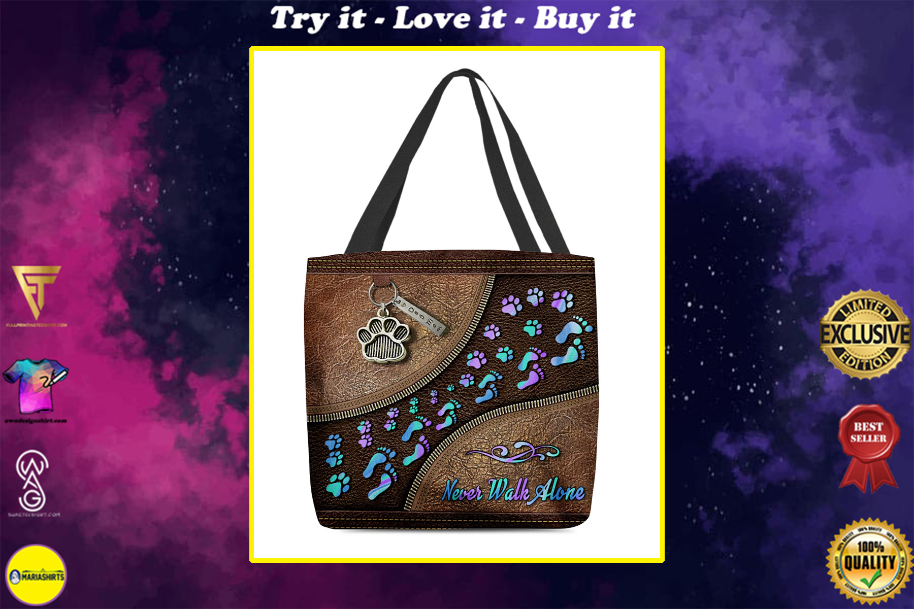 Dog Paw Never Walk Alone Leather Pattern Lined Tote Bag All Over Print 