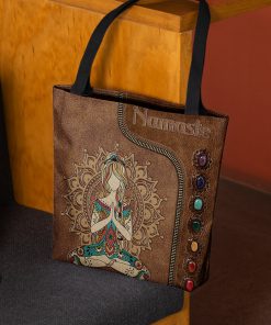 yoga namaste leather pattern all over printed tote bag 2