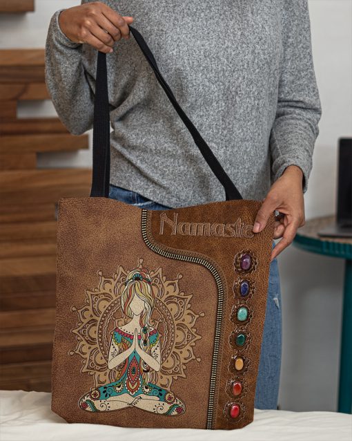 yoga namaste leather pattern all over printed tote bag 4