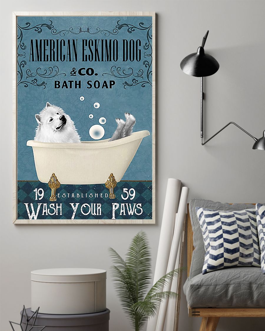 vintage american eskimo dog bath soap wash your paws poster 2