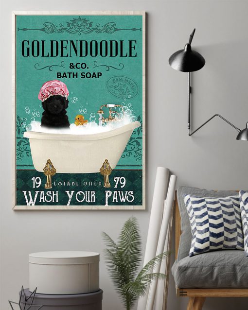 vintage black golden doodle bath soap wash your paws poster 2