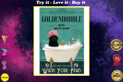 vintage black golden doodle bath soap wash your paws poster