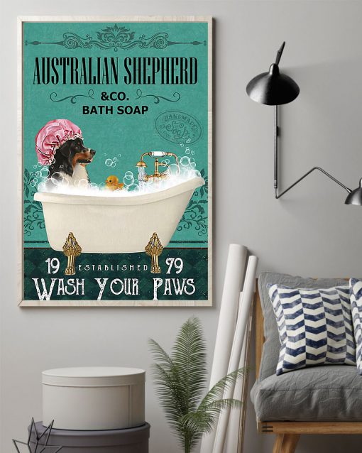vintage dog australian shepherd bath soap wash your paws poster 2