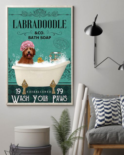 vintage dog labradoodle bath soap wash your paws poster 2