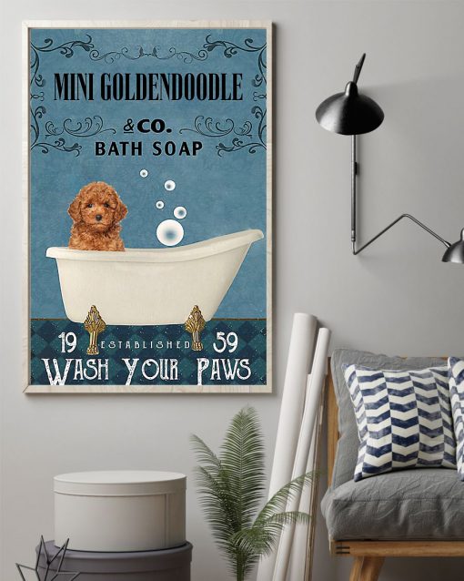 vintage dog mini golden doodle bath soap wash your paws poster 2