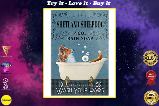 vintage shetland sheep dog bath soap wash your paws poster