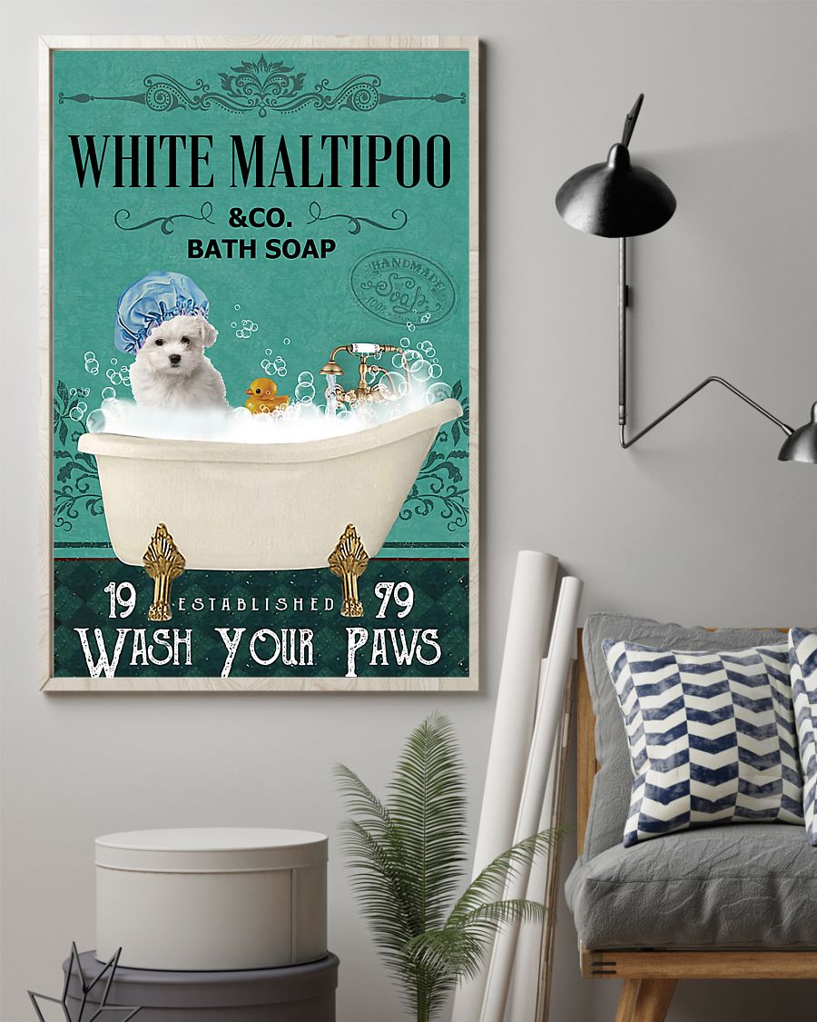 vintage white maltipoo bath soap wash your paws poster 2